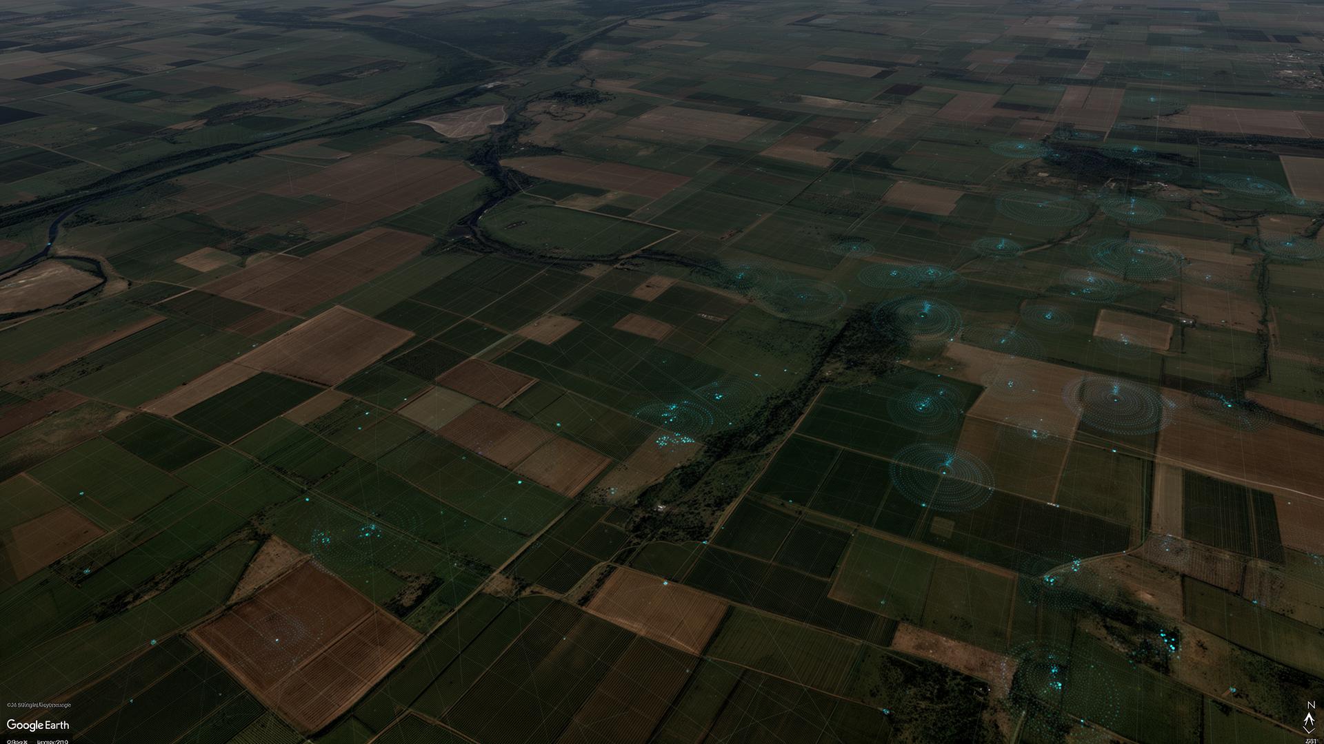 Satellite view of farmland with AI data overlay